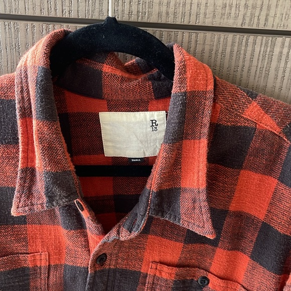 R13 Red and Black Buffalo Plaid Cropped Button-Up Shirt - Picture 5 of 14